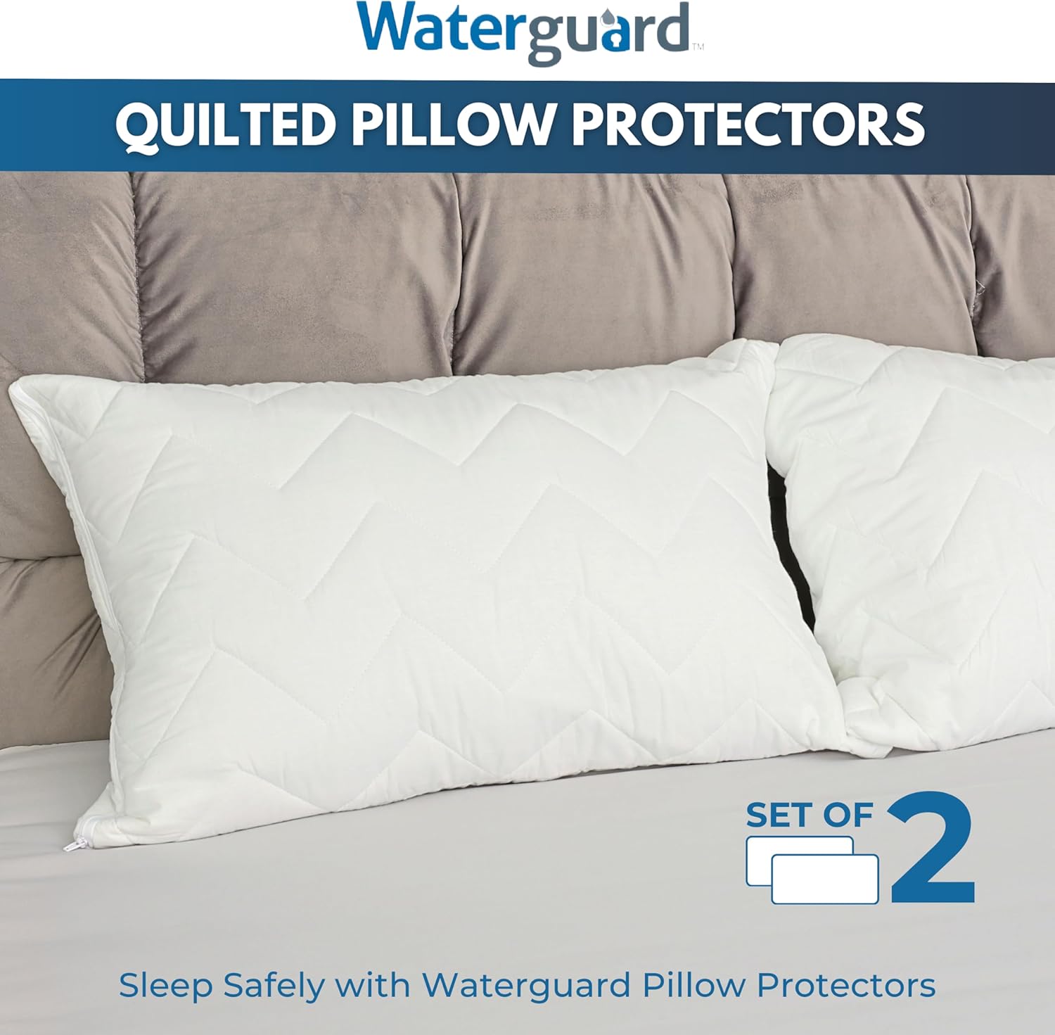 Waterguard Waterproof Pillow Protectors Quilted, Zippered Pillow Cases, 100% Cotton Top, Microfiber Filled Pillow Covers, Queen Size…