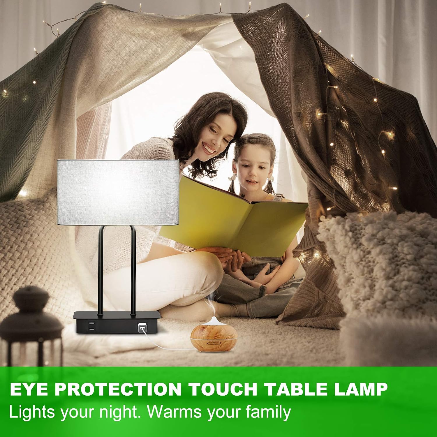 Lakumu Bedside Touch Control Table Lamps with Dual USB Charging Ports 1 AC Outlet, 3 Way Dimmable Modern Nightstand Lamp with Grey Fabric…
