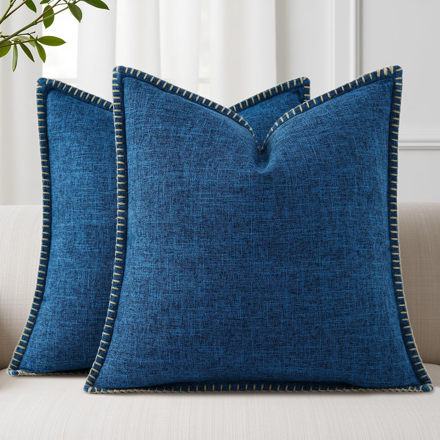 decorUhome Summer Decorative Throw Pillow Covers 22x22 Set of 2 Square Faux Linen Outdoor Neutral Farmhouse Euro Sham Pillow Covers with…