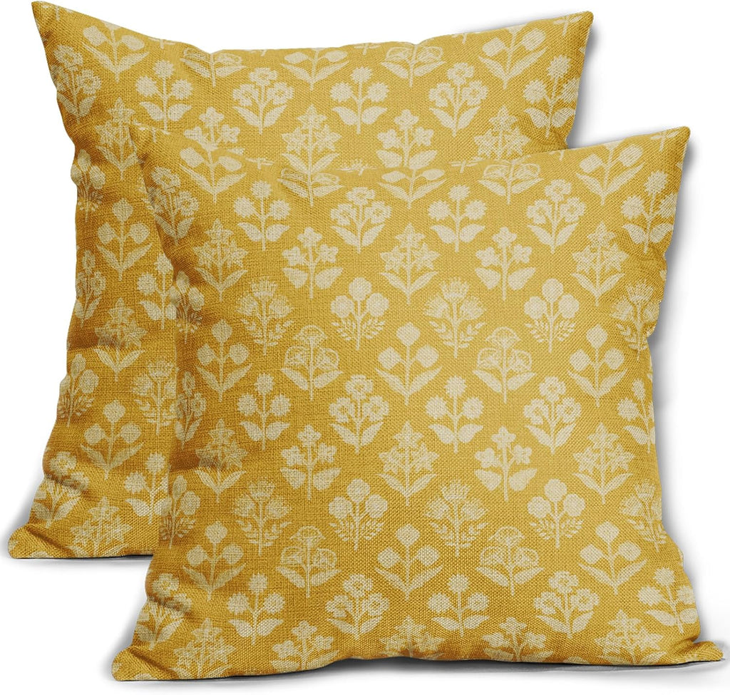 Yellow Floral Pillow Covers 22x22 Inch Set of 2, Vintage Flower Block Print Pattern Decorative Throw Pillowcases Outdoor Farmhouse…