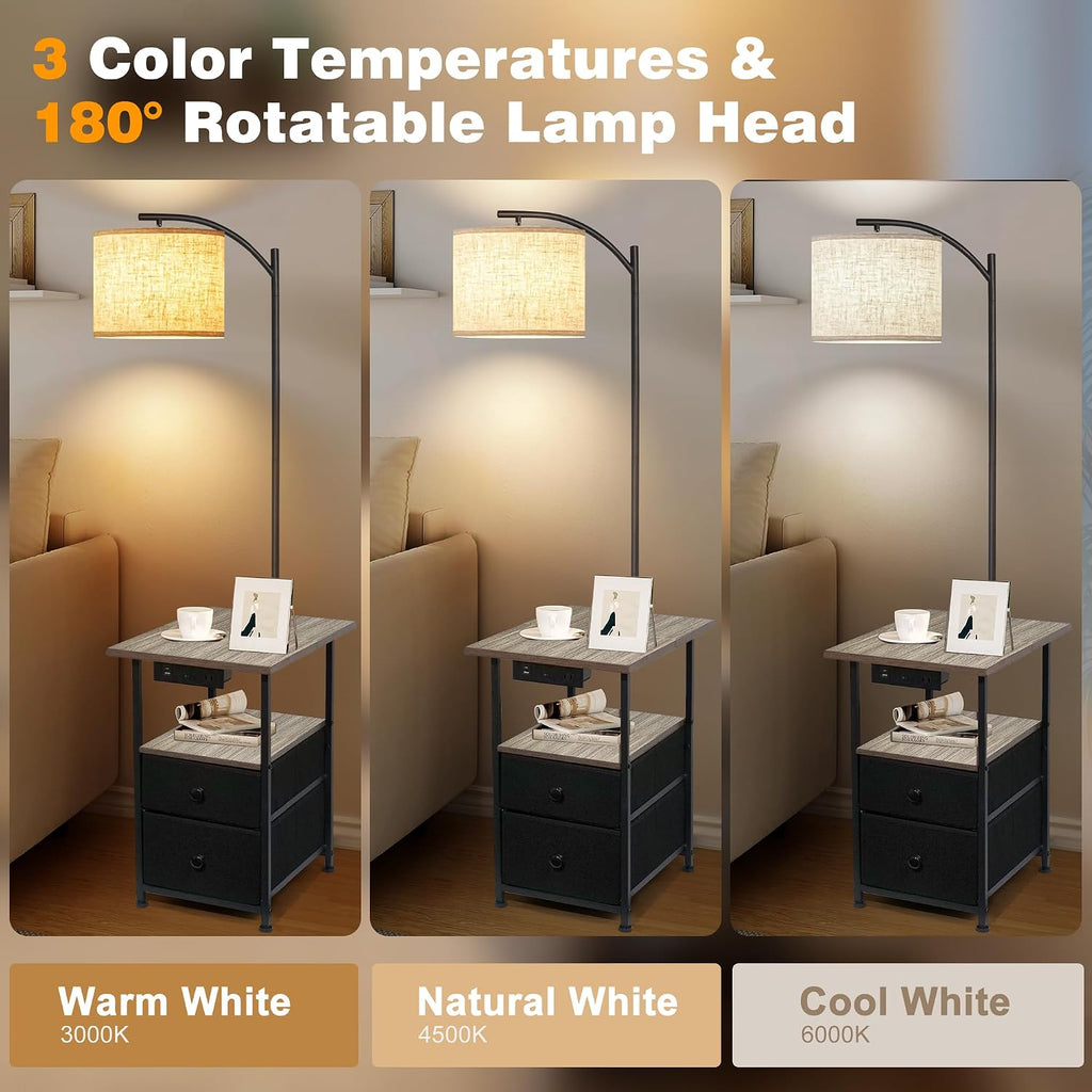 PESRAE Floor Lamp with Table & 2 Drawers, End Table with 3 Color Temperature Reading Light, Side Table Lamp with USB & Type C & AC…