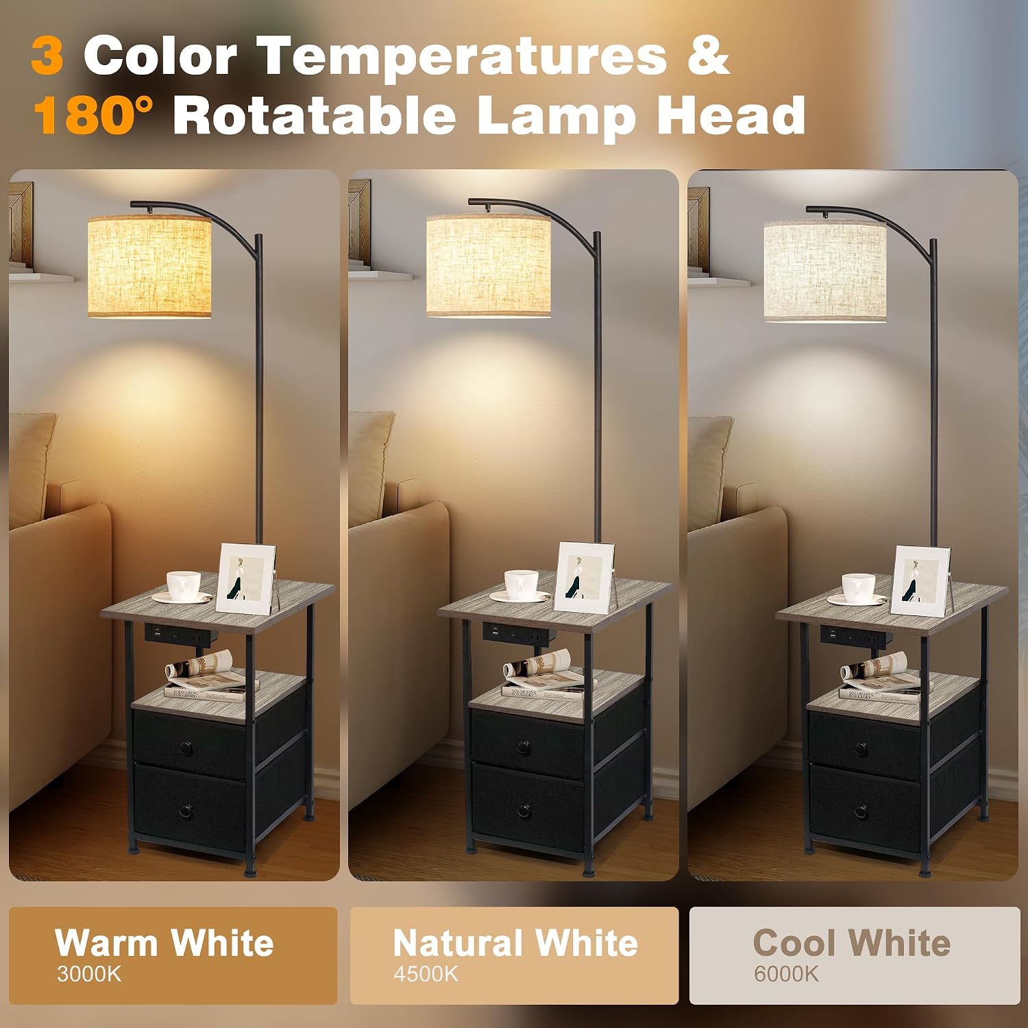 PESRAE Floor Lamp with Table & 2 Drawers, End Table with 3 Color Temperature Reading Light, Side Table Lamp with USB & Type C & AC…