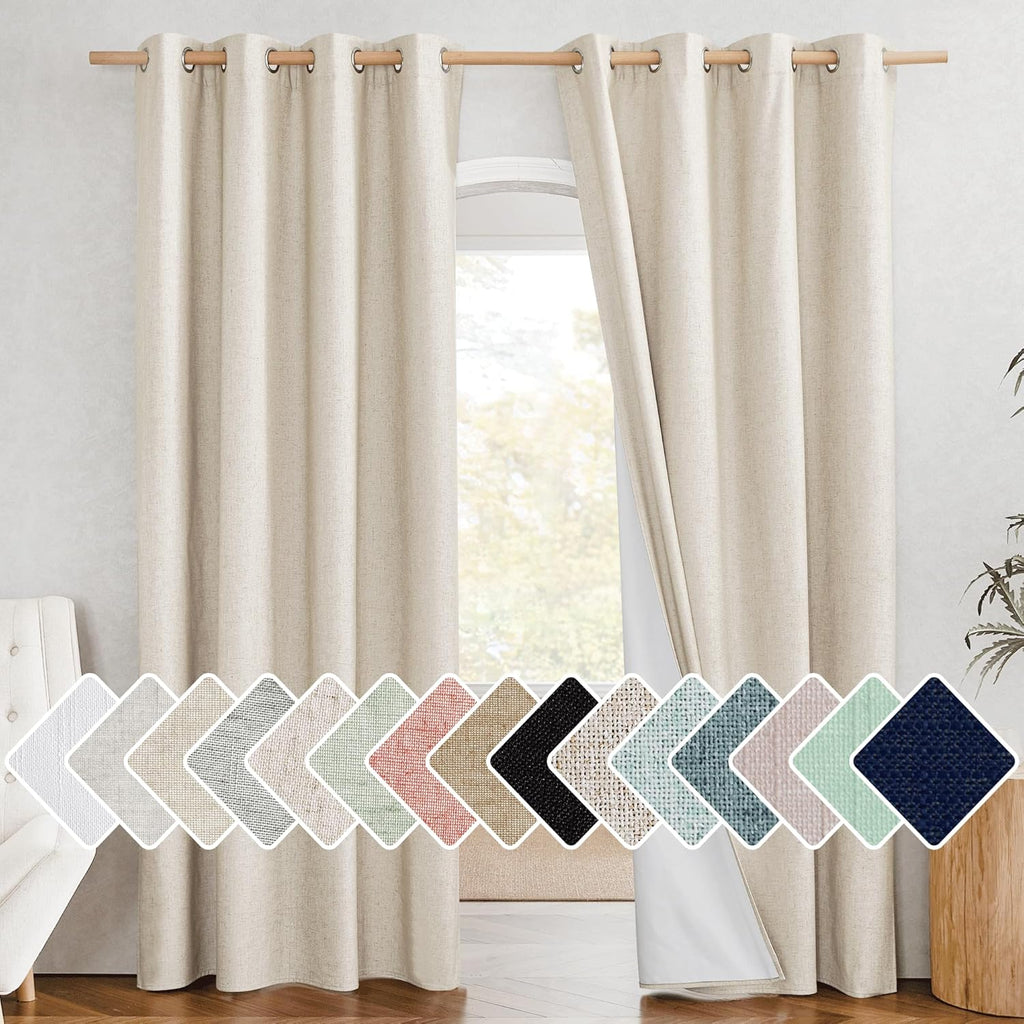 NICETOWN 100% Absolutely Blackout Linen Curtains with Thermal Insulated White Liner, 52" Wide, 2 Panels, 84 inches Long Drapes, Grommet…