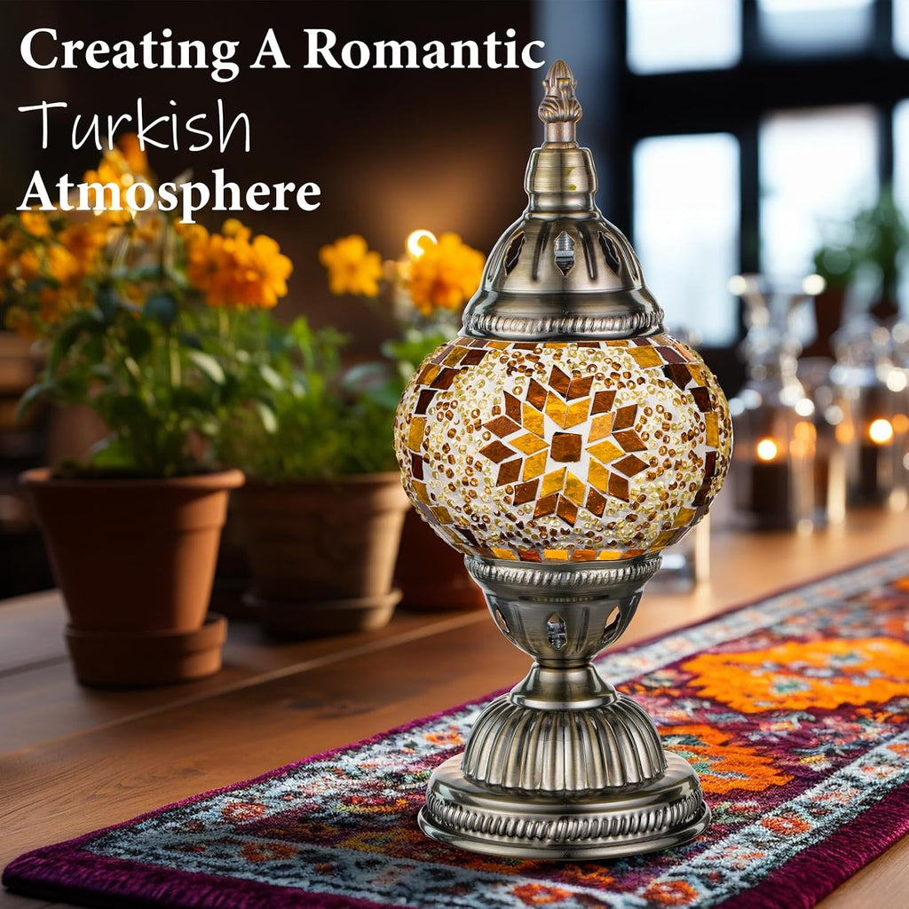 Marrakech Turkish Table Lamp with Bronze Base, Handmade Yellow Moroccan Tiffany Style Mosaic Glass Night Stand Light Fixture Including LED…