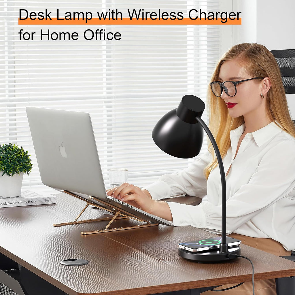 Desk Lamps for Home Office - LED Desk Lamp with Wireless Charger, 3 Color Modes Dimmable Eye-Caring Study Reading Desk Light, Small…