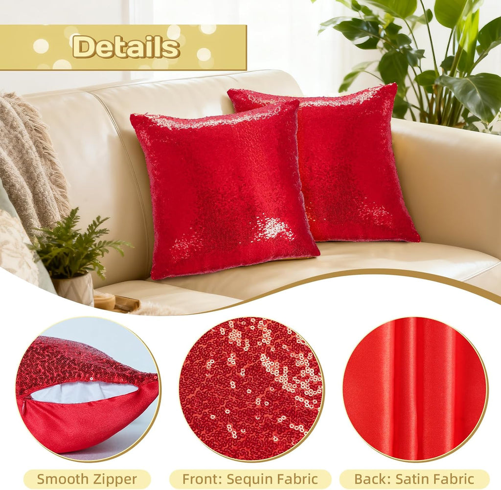 Eternal Beauty Set of 2 Sequin Decorative Pillow Cases Red Pillow Covers for Couch Sofa Throw Pillows 18 X 18 Inches