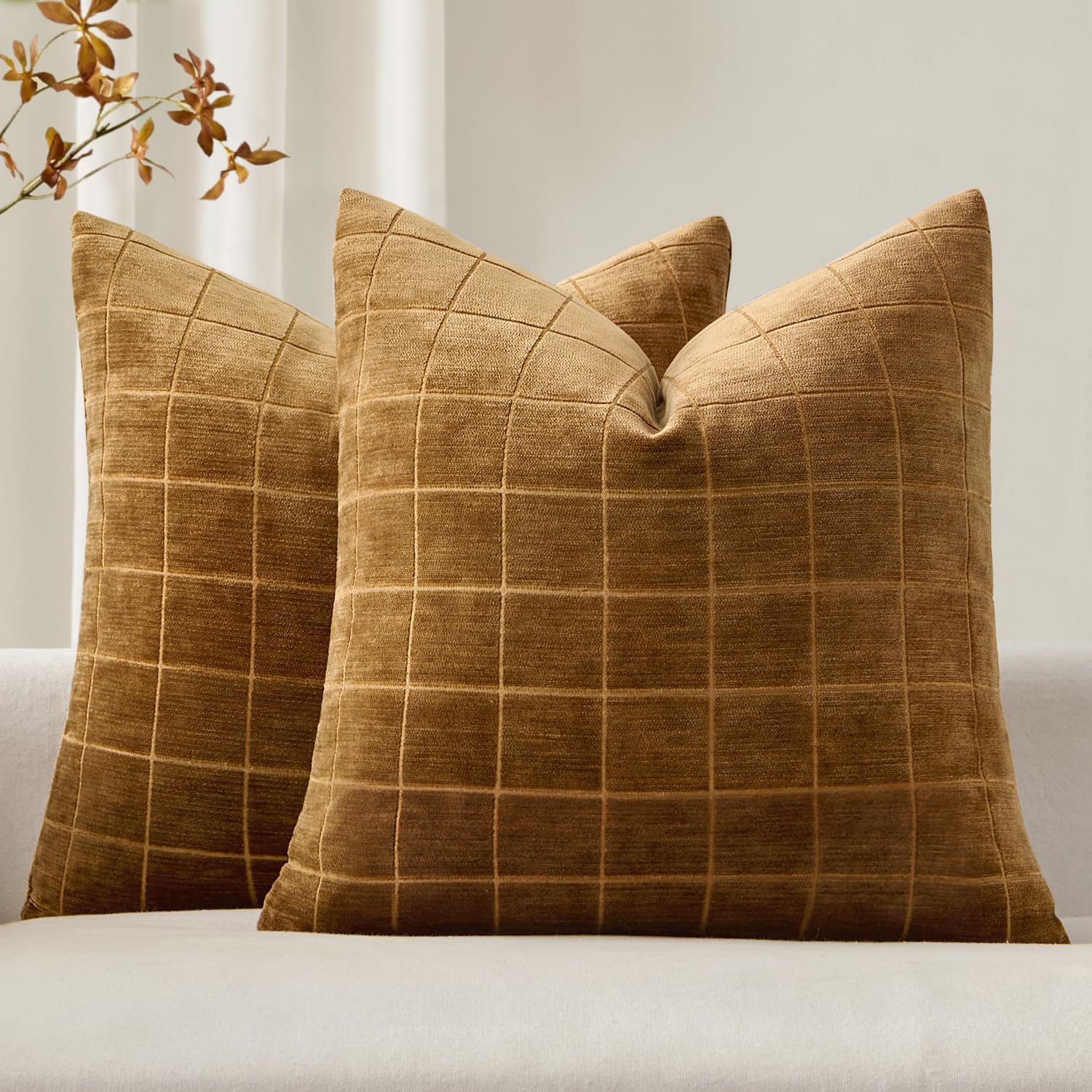Miulee Decorative Chenille Check Throw Pillow Covers Vintage Plaid Couch Pillows 20x20 Inch Set of 2 Neutral Boho Farmhouse Cushion Covers…