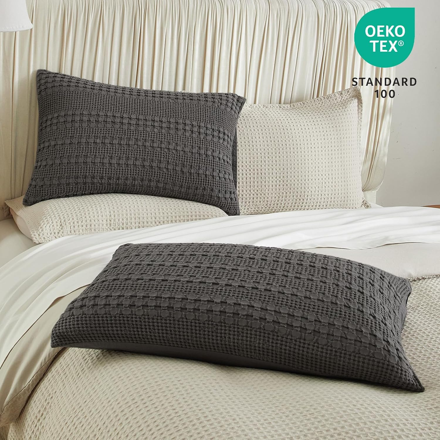 Phf 100% Cotton Waffle Pillow Shams King Size, 2 Pack 20" x 36" Soft Skin-Friendly Pillowcases, No Filling, Aesthetic Woven and Breathable…
