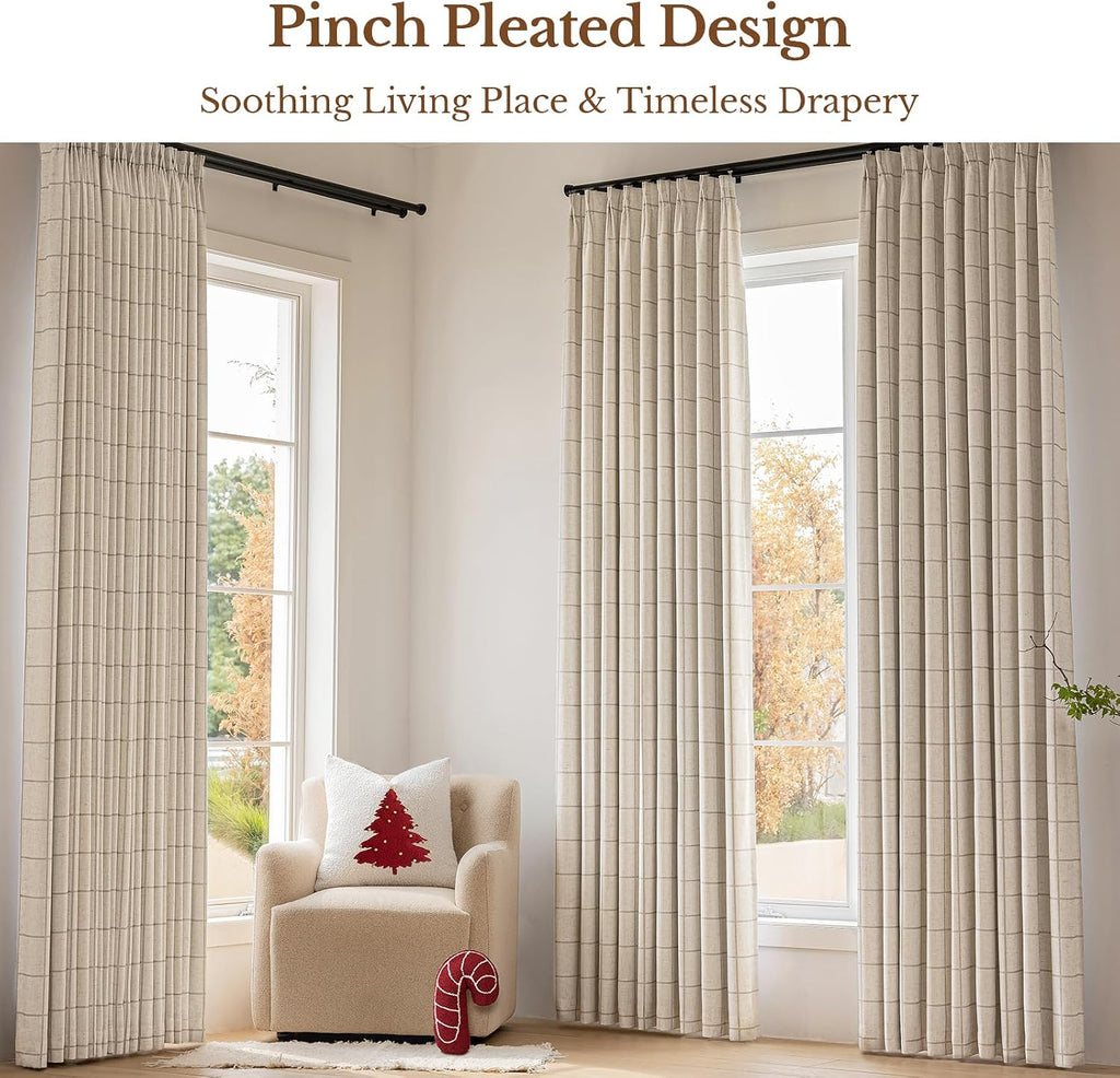 Threegirlshome THREE GIRLS Pinch Pleated Plaid Curtains Blackout Linen Gingham Curtains for Living Room, Bedroom Checkered Patterned Insulat…