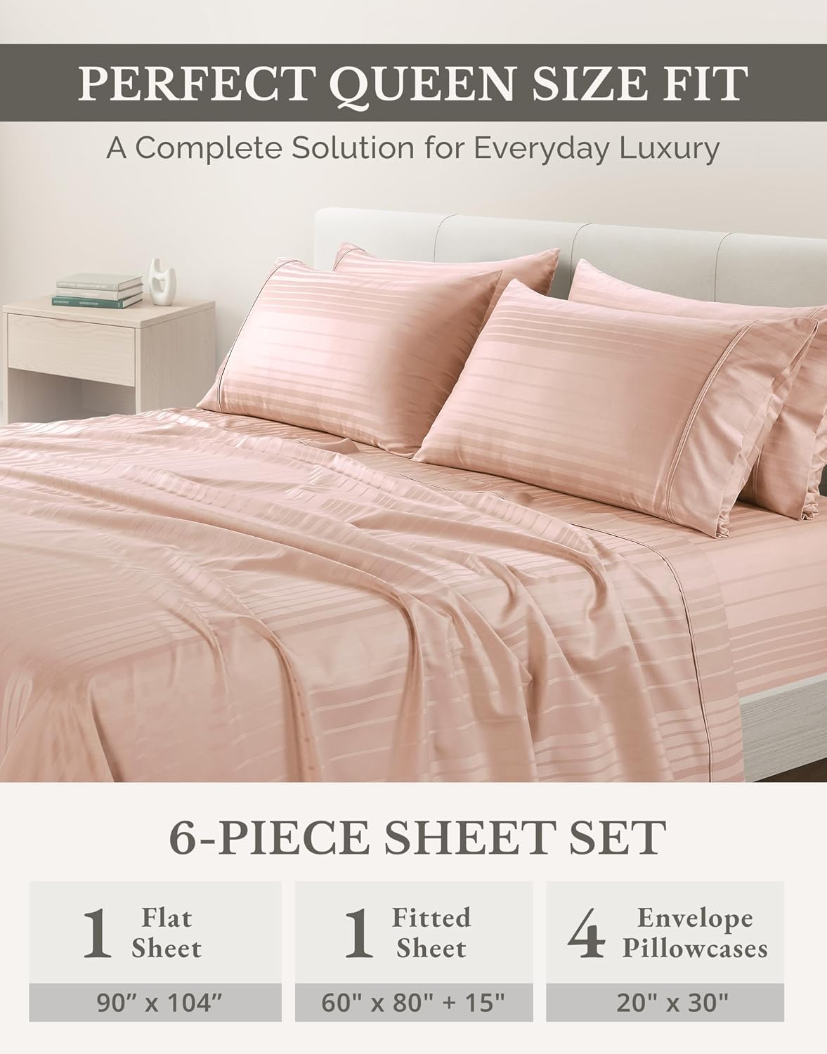 Casa Platino 100% Cotton Sheets Queen Size Set - 6 Pcs (1 Flat, 1 Fitted, 4 Pillowcases) - Striped 500 TC - Ultra Smooth Sateen Weave Bed…