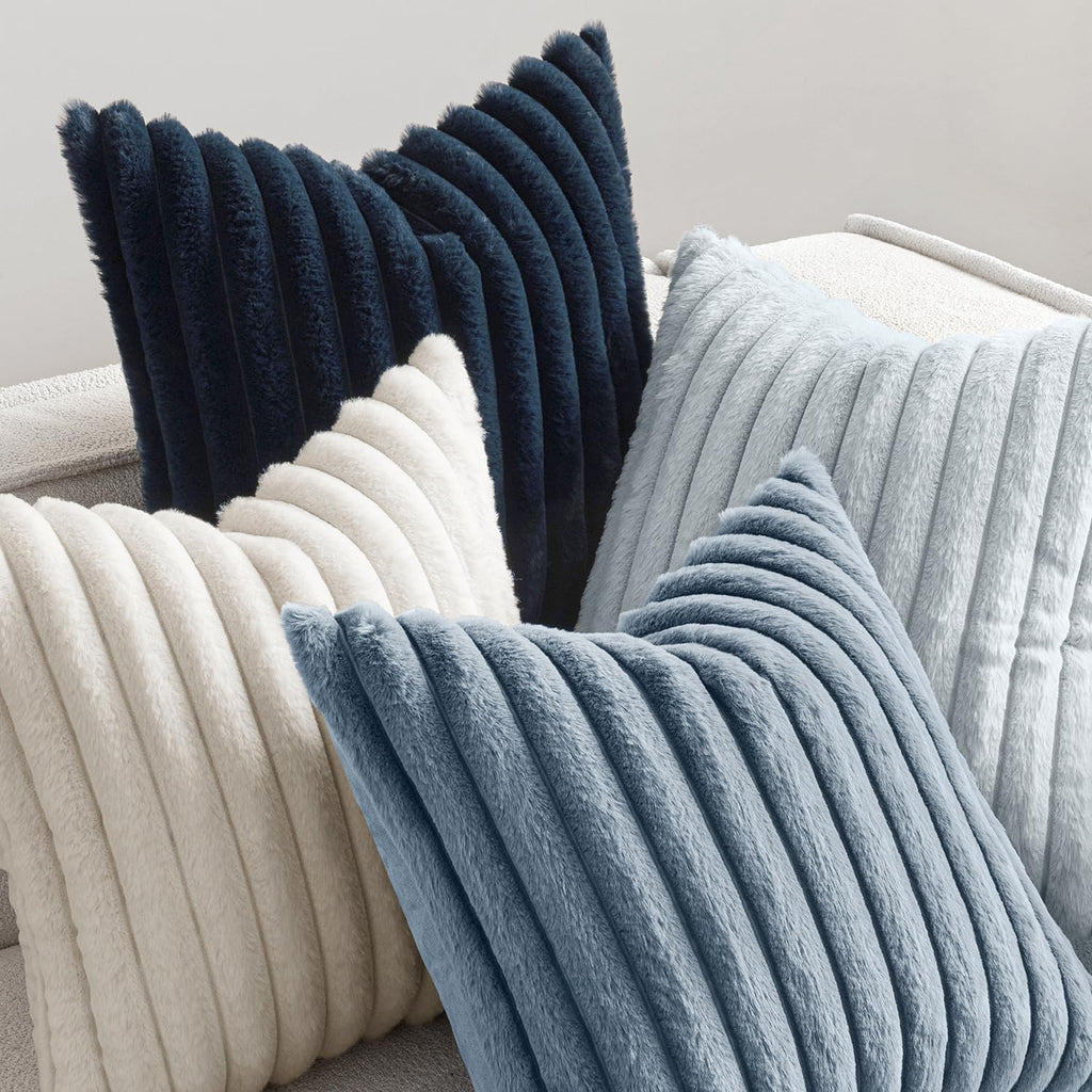 Miulee Faux Fur Plush Decorative Throw Pillow Covers 18x18 Set of 4, Summer Modern Soft Fuzzy Coastal Striped Cushion Covers for Sofa Couch…