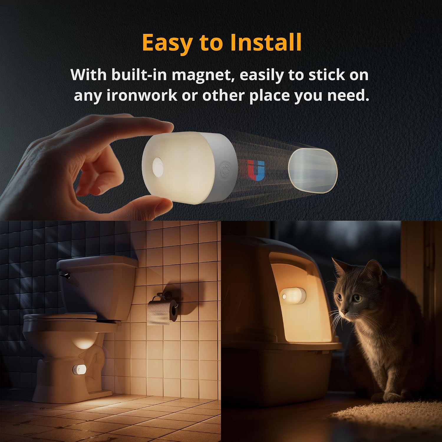 Lyridz Rechargeable Battery Night Light with Motion Sensor, Portable Mini Warm White LED Stick-on Closet Light, Adjustable Brightness for B…