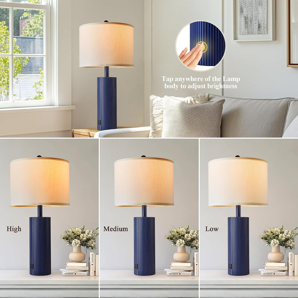 24.5" Blue Table Lamps Set of 2, Modern Living Room Touch Lamps with USB C+A Ports, 2 Bulbs Included, Table Light Fixture for Nightstand…
