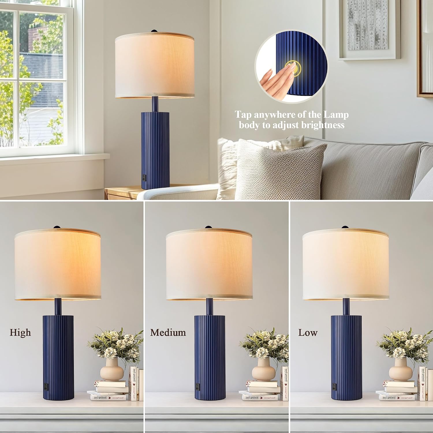 24.5" Blue Table Lamps Set of 2, Modern Living Room Touch Lamps with USB C+A Ports, 2 Bulbs Included, Table Light Fixture for Nightstand…