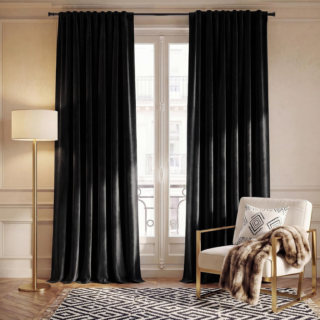 Nicetown Black Velvet Curtains 120 inch Long 2 Panels Set, Rod Pocket & Back Tab Blackout Window Treatments Sliding Glass Door Winter Drape…