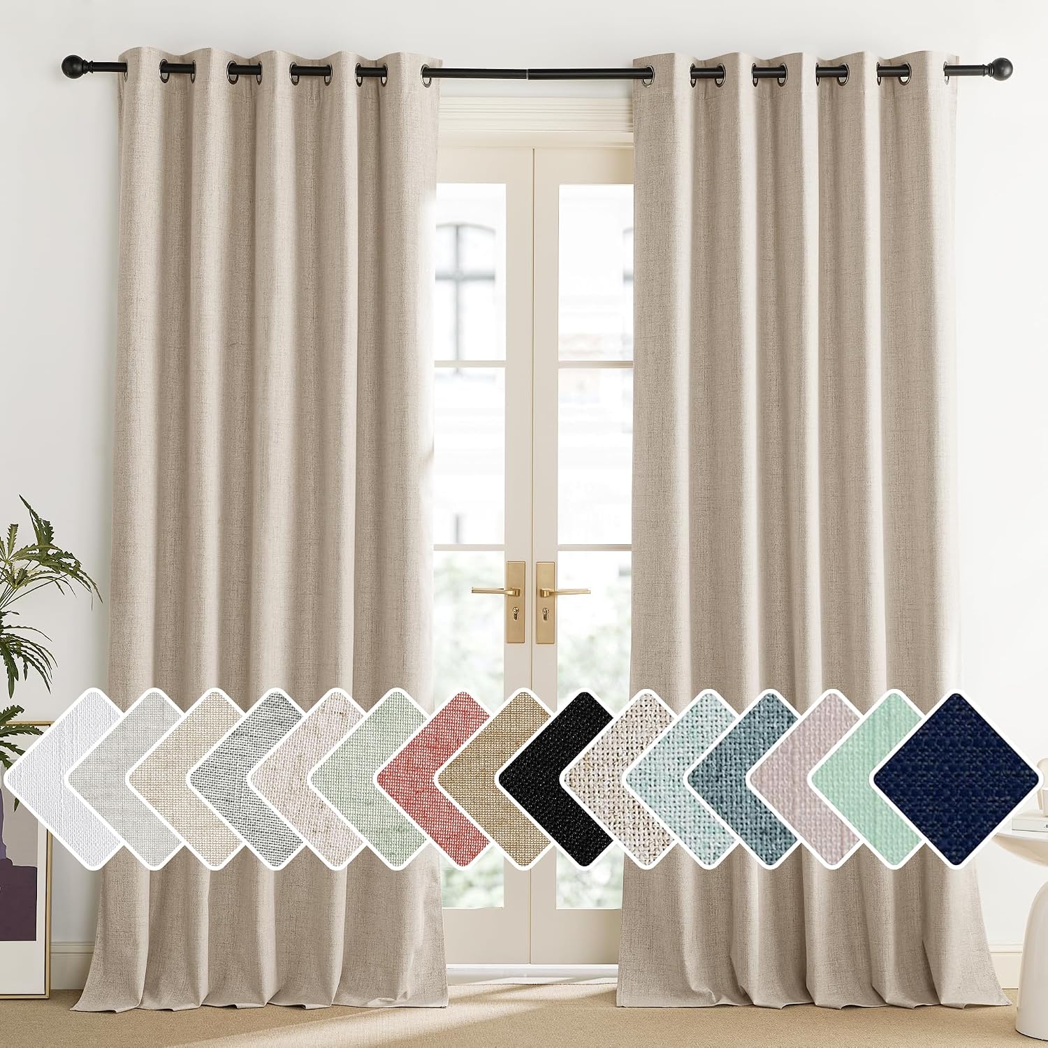 NICETOWN Cream 100% Blackout Linen Curtains 102 inch Long Burg for Living Room, 1 Pair, 62" Width Each Panel, Farmhouse Thick Completely…