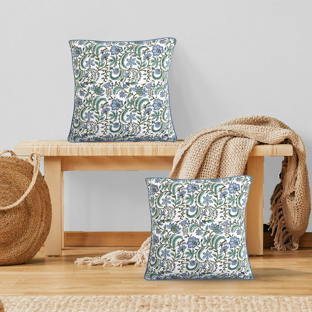Ridhi Block Print Columbia Blue Pillow Cover 18" x 18" (Pack of 2) Decorative Couch Pillows for Living Room, Chic Boho Cute Outdoor Pillows…