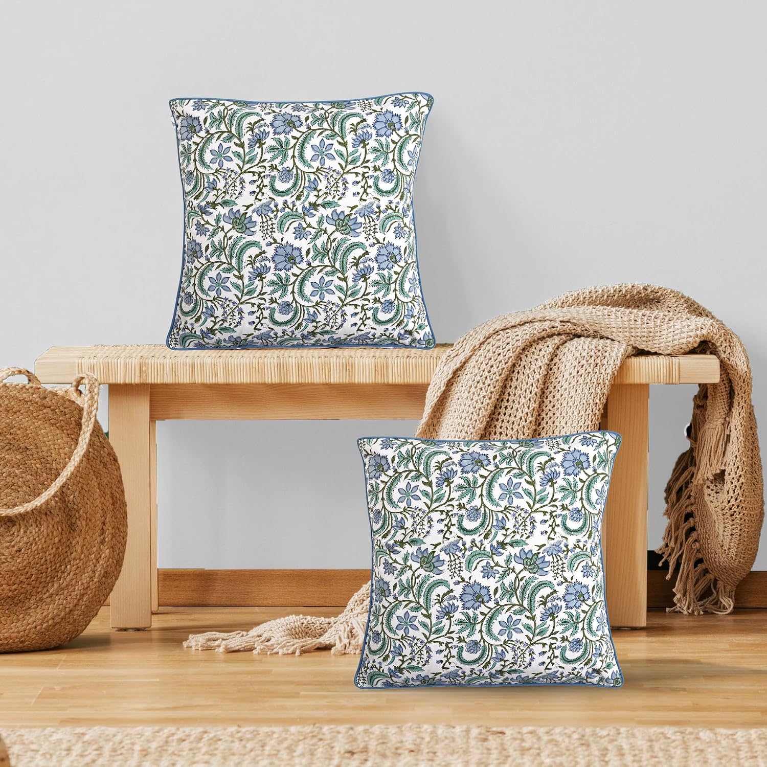 Ridhi Block Print Columbia Blue Pillow Cover 18" x 18" (Pack of 2) Decorative Couch Pillows for Living Room, Chic Boho Cute Outdoor Pillows…
