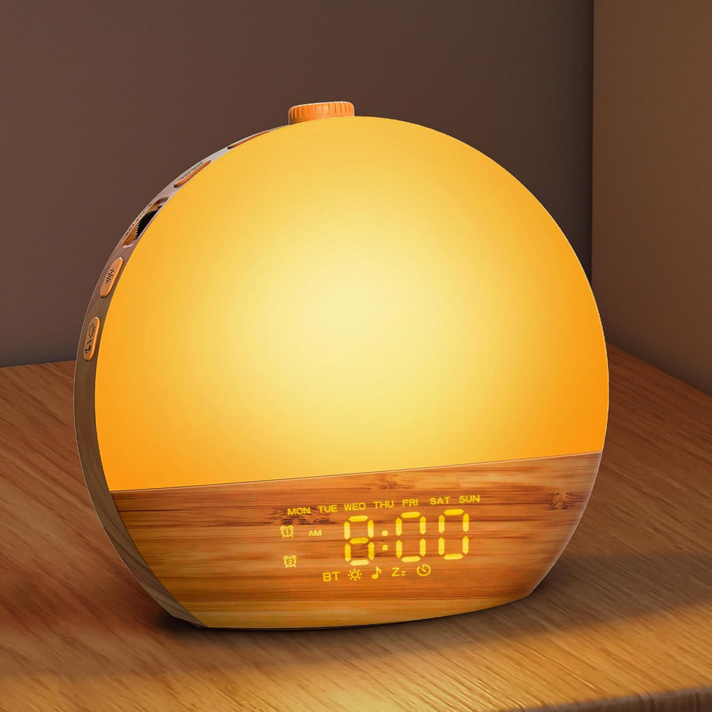 Geuuap Wood Grain White Noise Sound Machine Sunrise Alarm Clock with 25 Soothing Sounds, 17 Dimmable Night Lights, Bluetooth Speaker Wake…