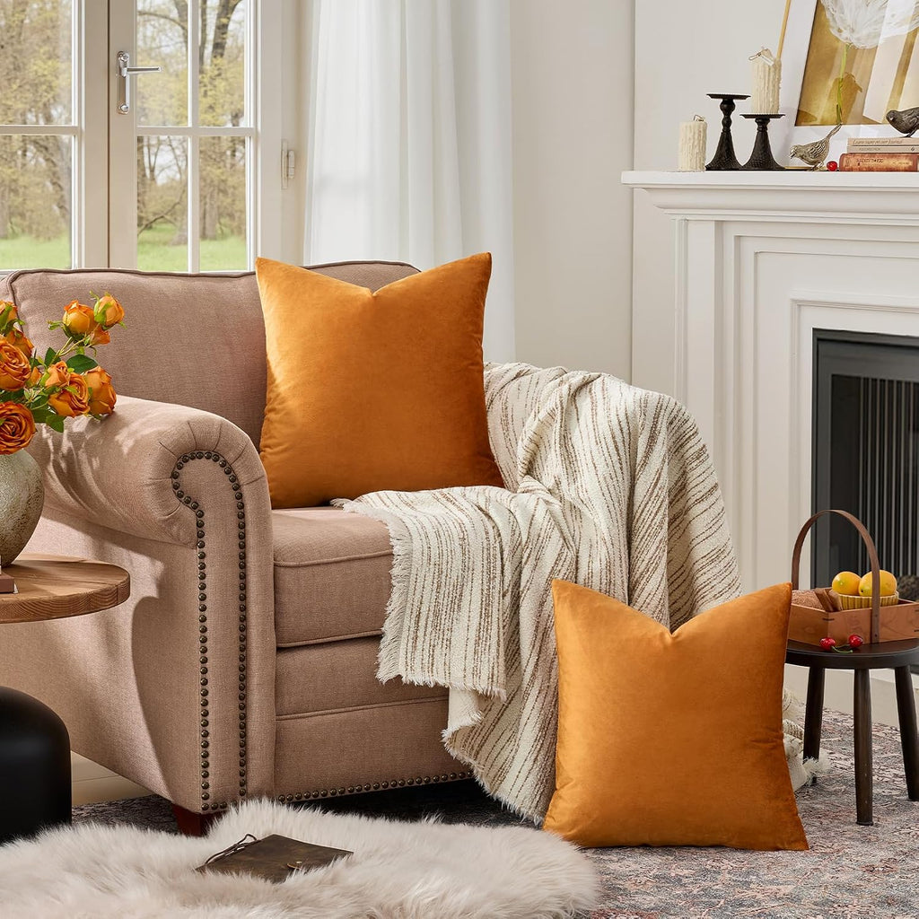 GIGIZAZAFocusingonhomedecoration GIGIZAZA Decorative Throw Pillow Covers for Sofa, Cinnamon Orange 18x18 Velvet Bed 2 Pack Soft Cushion Cove…