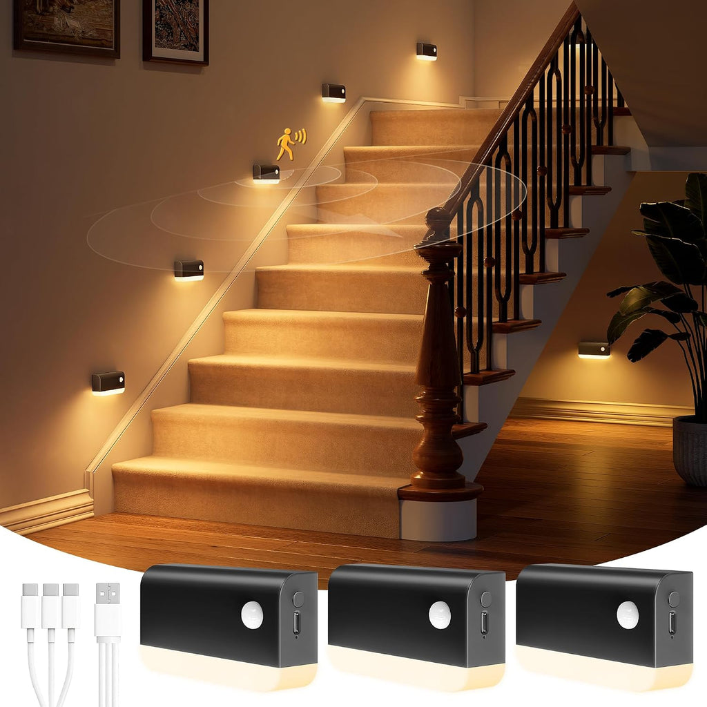 NIORSUN Motion Sensor Stair Lights Indoor, 3 Pack Rechargeable Wireless Step Lights with 3 Color Temperatures, 1200mAh Battery, Magnetic…