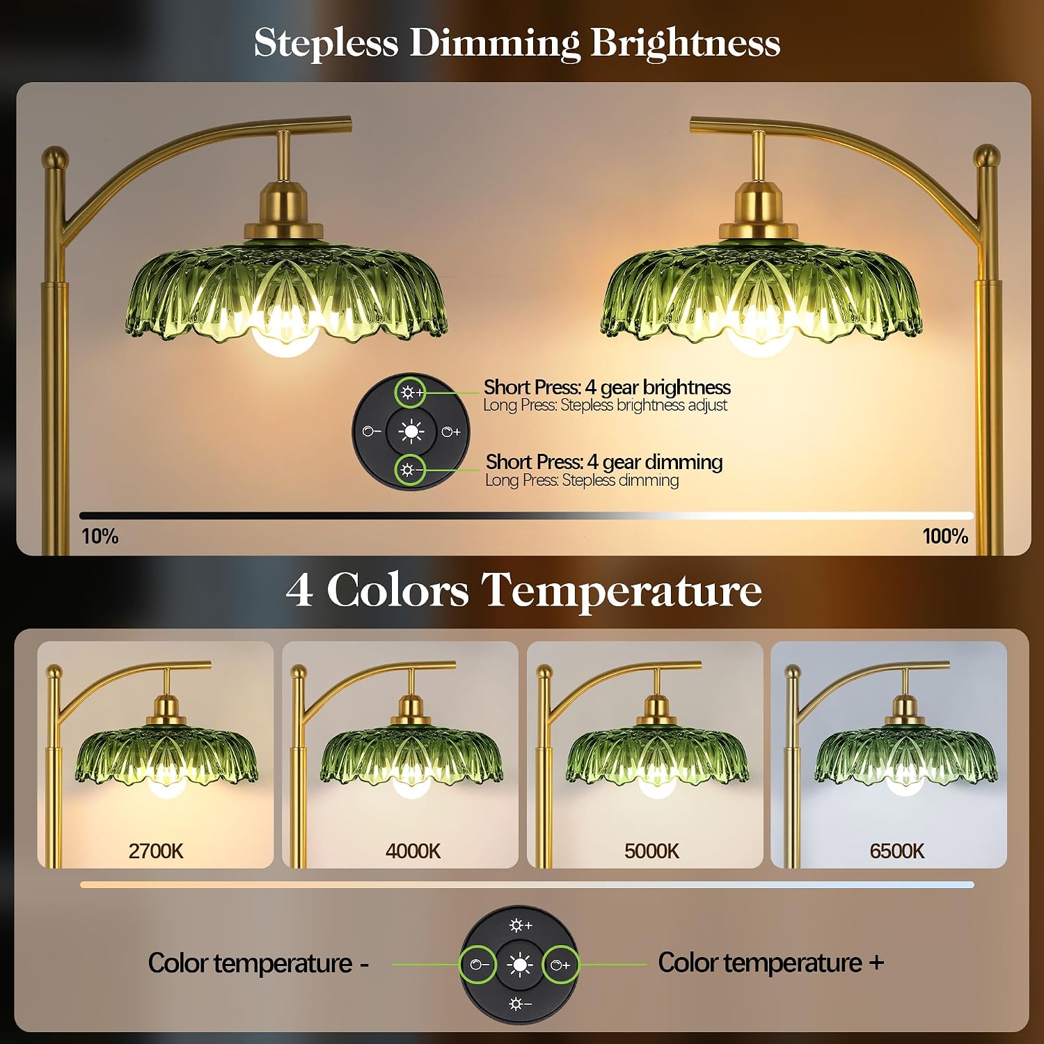 Gold Floor Lamp for Living Room, Dimmable Mid Century Modern Standing Lamp with Remote Control and Green Glass Shade, 68" Tall Lamp for…