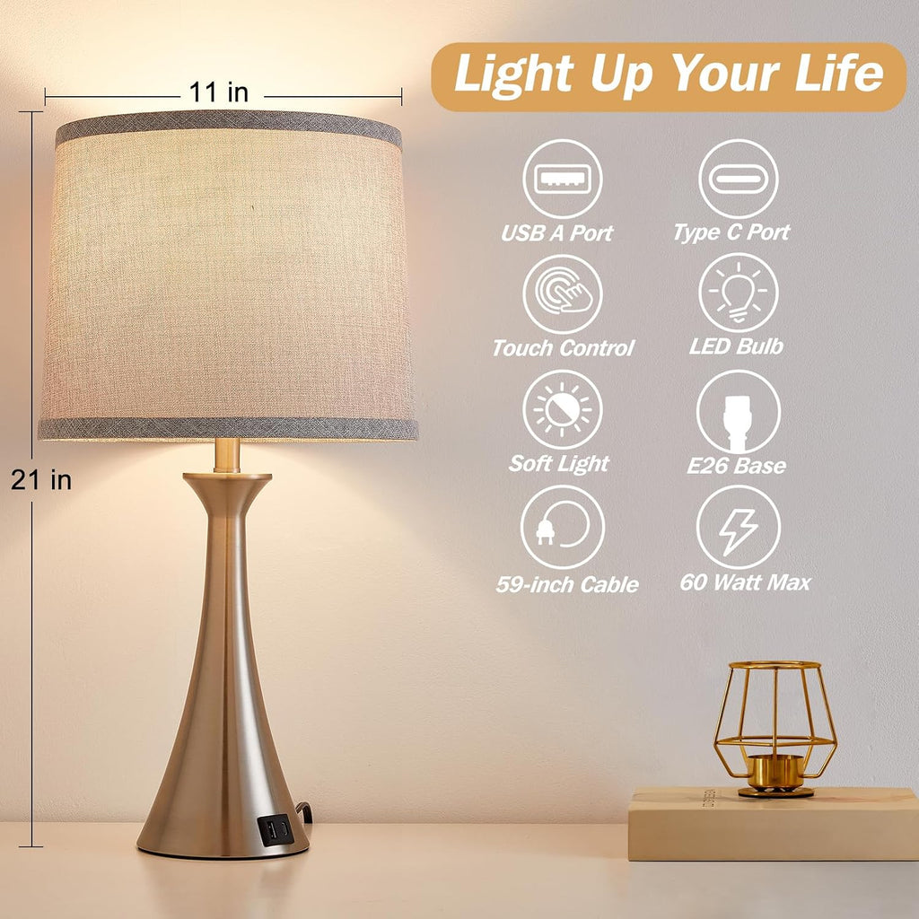 Touch Lamp for Living Room Bedroom, 21" Table Lamps Set of 2 with USB C+A Ports and Grey Lamp Shades, Touch Bedside Lamps for Nightstand…