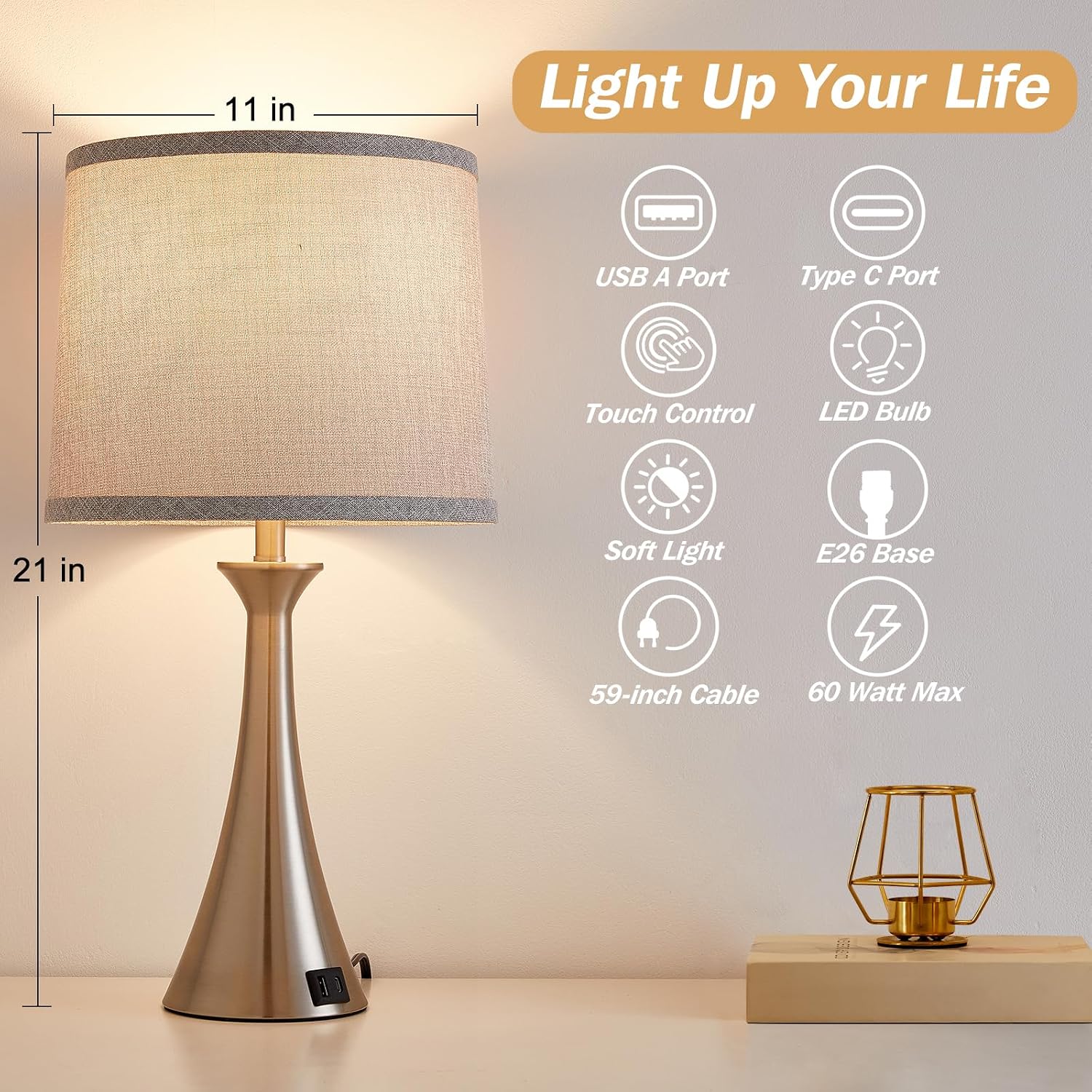 Touch Lamp for Living Room Bedroom, 21" Table Lamps Set of 2 with USB C+A Ports and Grey Lamp Shades, Touch Bedside Lamps for Nightstand…