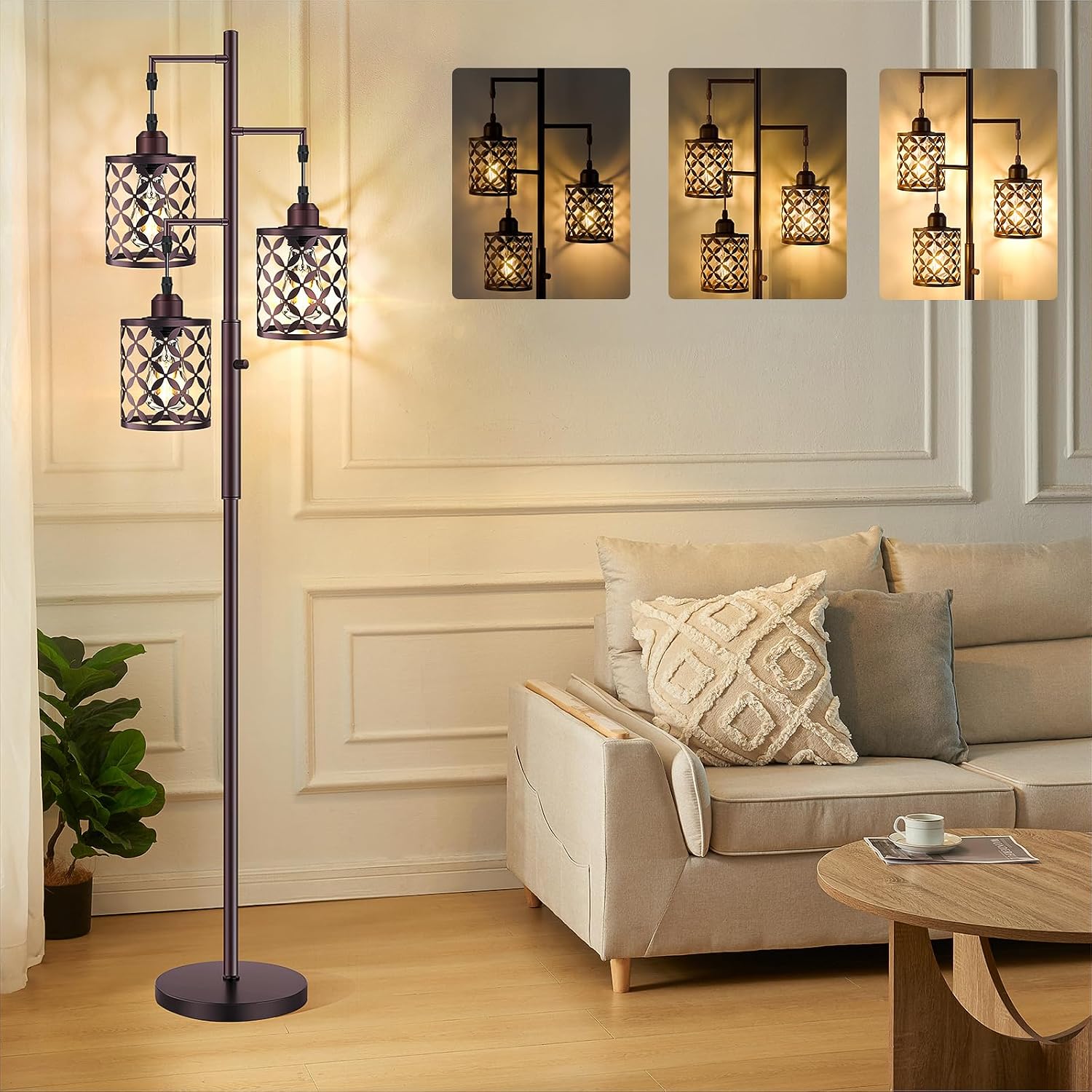 Dimmable Floor Lamp, Farmhouse Standing Lamp with Elegant Metal Cage, Industrial Tall Tree Floor Lamps for Living Room, Bedroom, Study…