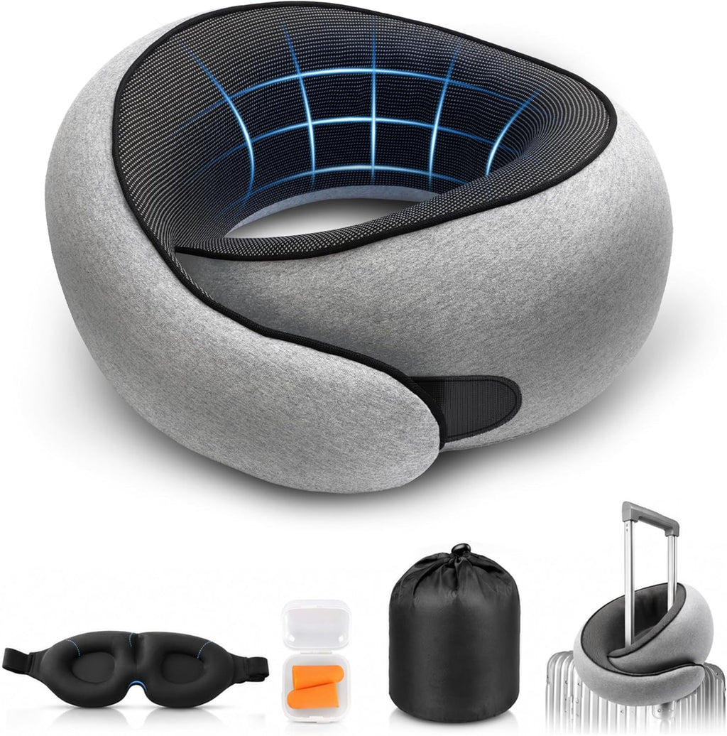PurrochLife Purroch G-Shape Memory Foam Travel Neck Pillow - 100% Pure Foam Ergonomic Support with Eye Mask & Ear Plugs for Airplane Flight…