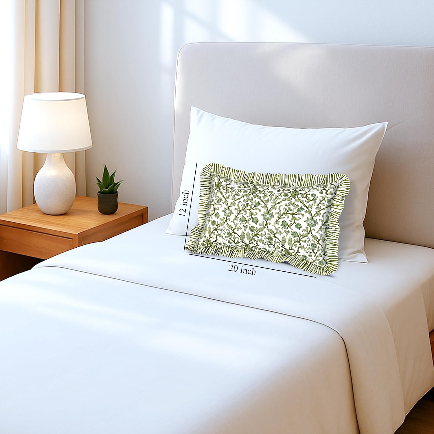Cottonprintclub CPC Hand Block Print Meadow Vine Ruffle Sham Pillow Cover 20" x 12" inch Hidden Zipper Decorative Pillowcase for Couch, Bed…