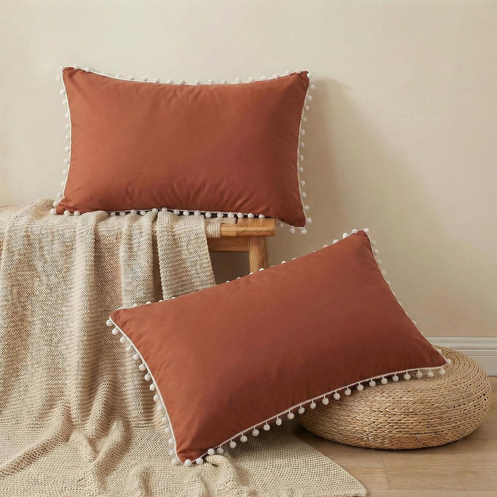 Moveover Brick Red Pom Poms Pillow Cases, Boho Pillowcases Set of 2, 100% Soft Washed Microfiber, Rust Pillow Shams King, 2 Pack 2 Pack Red