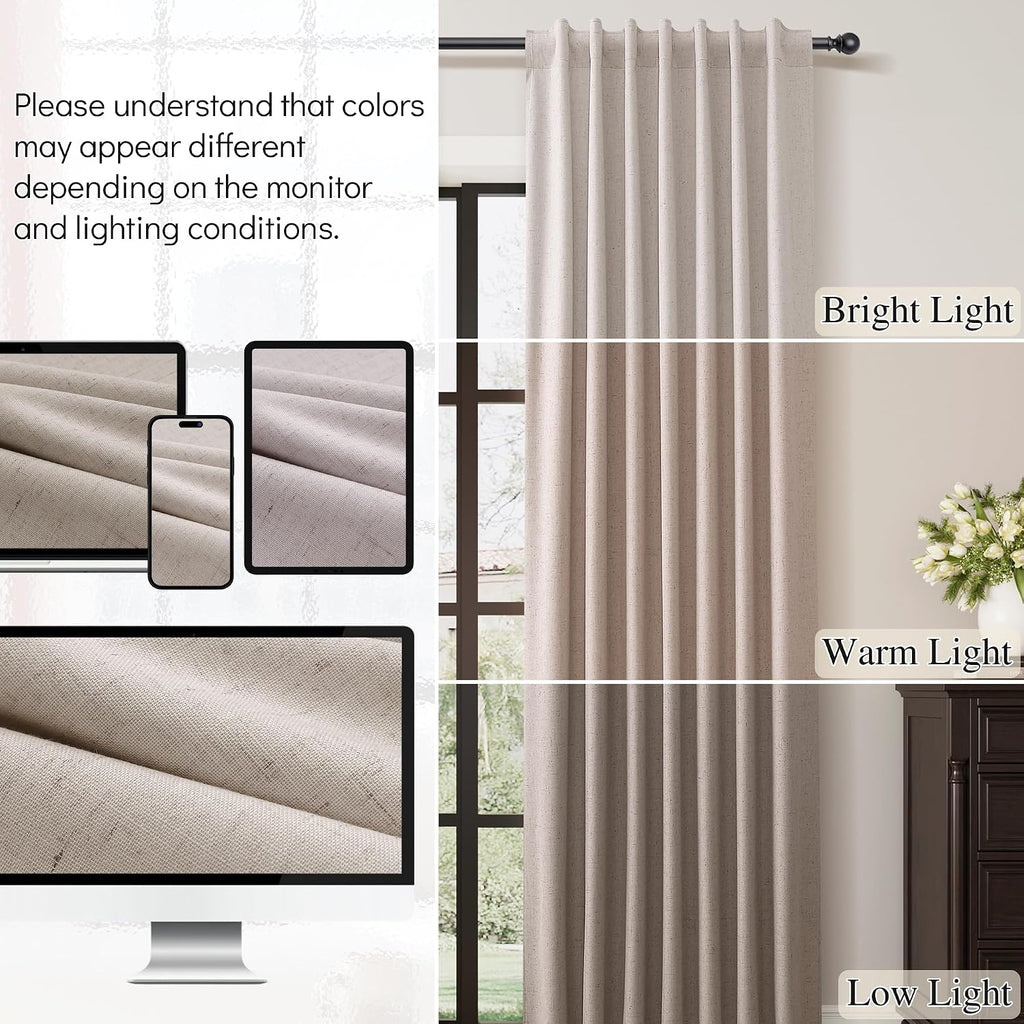 Guken Apricot Linen 100% Blackout Curtains for Bedroom 120 Inches Long 2 Panels Set Back Tab Elegant Textured Black Out Light Blocking Ther…