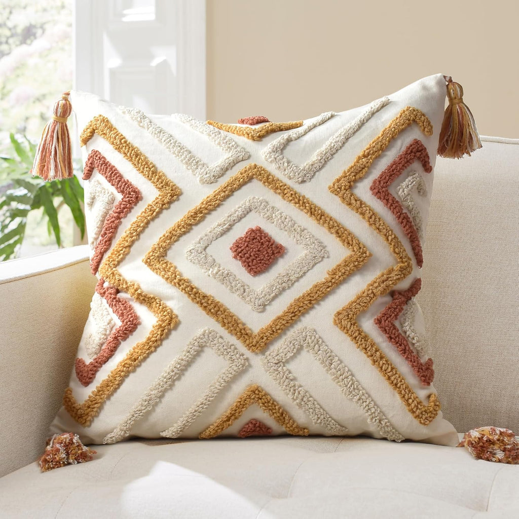 Loopuinhom Boho Pillow Covers 18X18 Inch Boho Tufted Throw Pillow Covers Decorative Tassels Cushion Cover Farmhouse Pillow Case for Couch S…