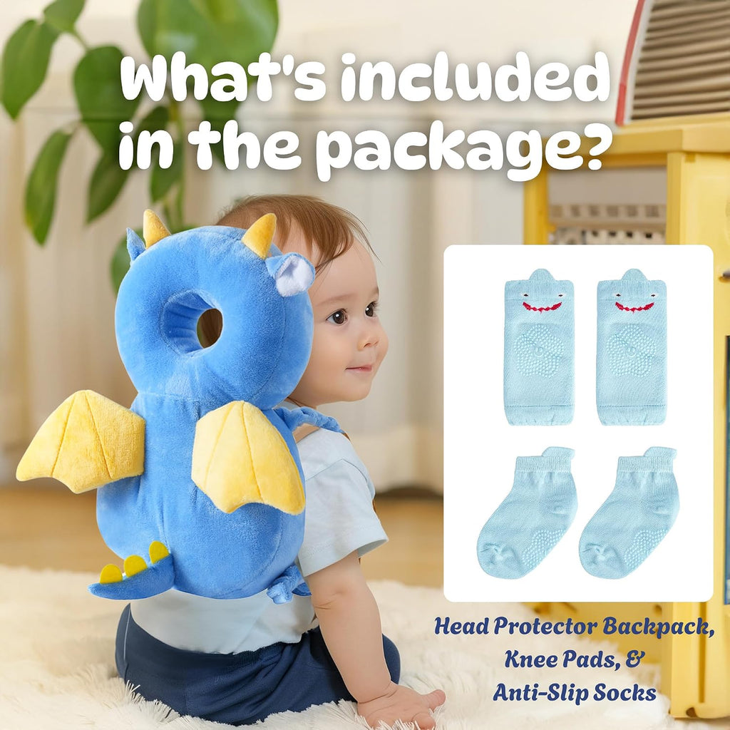 Baby Head Protector Backpack (9 to 24 Months) - Cute Head Guard Pillow with Knee Pads and Socks, Crawling and Walking Safety Set, Toddler…