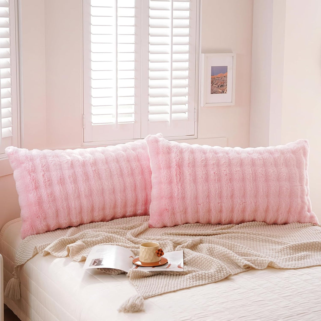 Uhamho Set of 2 Faux Fur Pillowcases, Luxury Bubble Waffle Carved Plush Standard Size Pillow Shams Soft and Furry, Zipper Closure (Pink, 20…