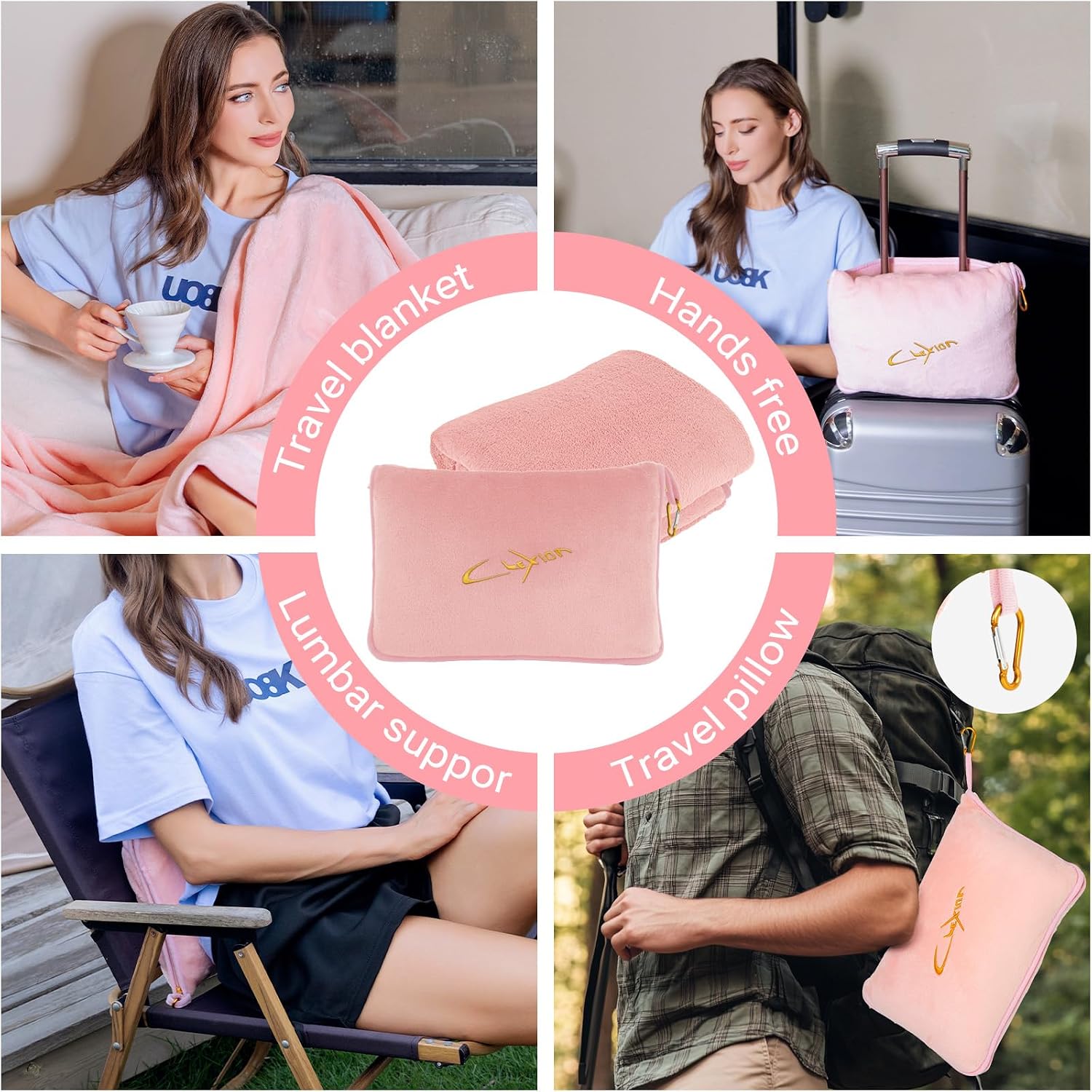 Travel Blanket and Pillow Set, 300 GSM Soft Fleece, 60x43 Inches, 3-in-1 Compact with Bag, Pink