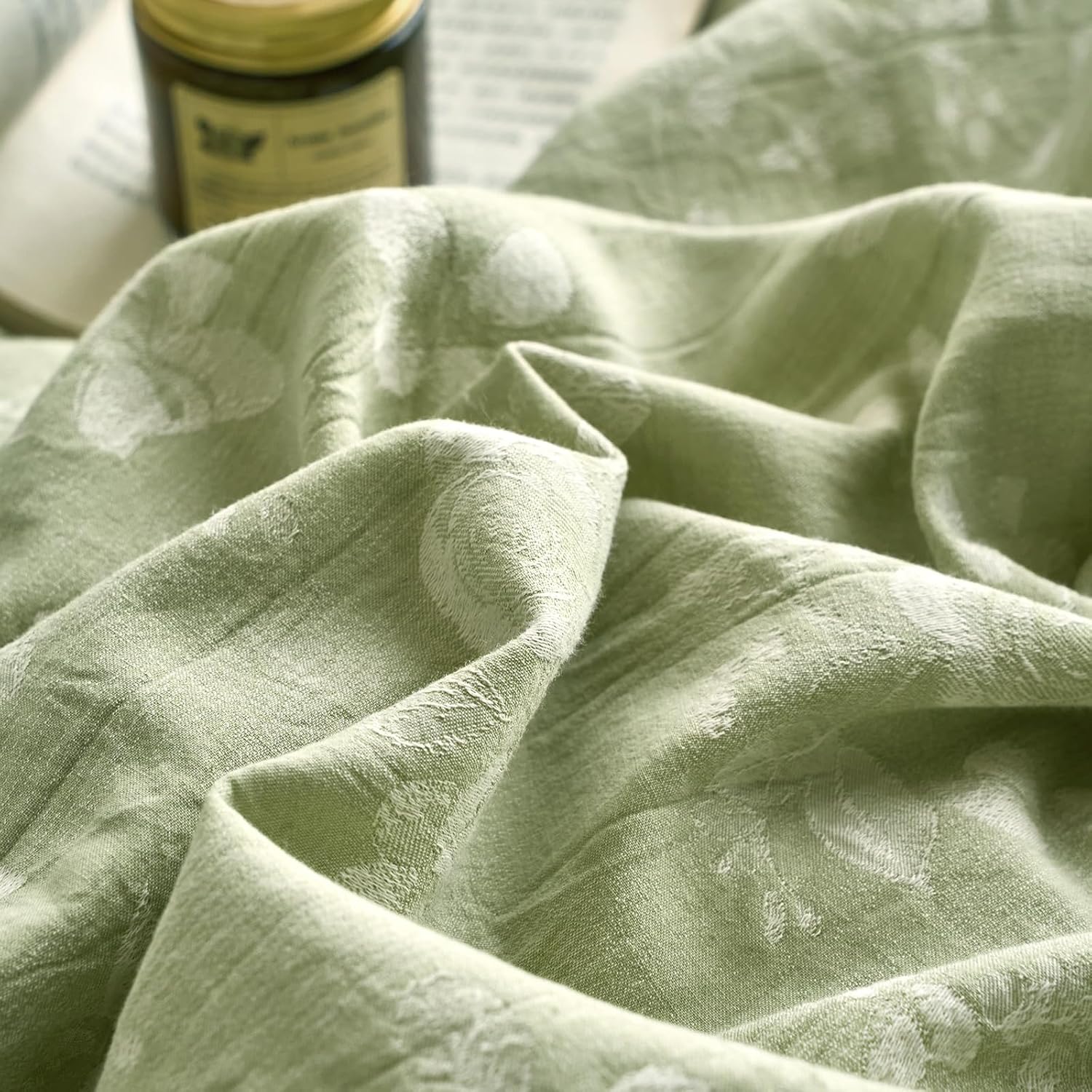 mixinni 100% Washed Cotton Cover Set, Reversible Vintage Green Floral Butterfly Jacquard Textured Comforter Cover, Boho Farmhouse Bedding S…