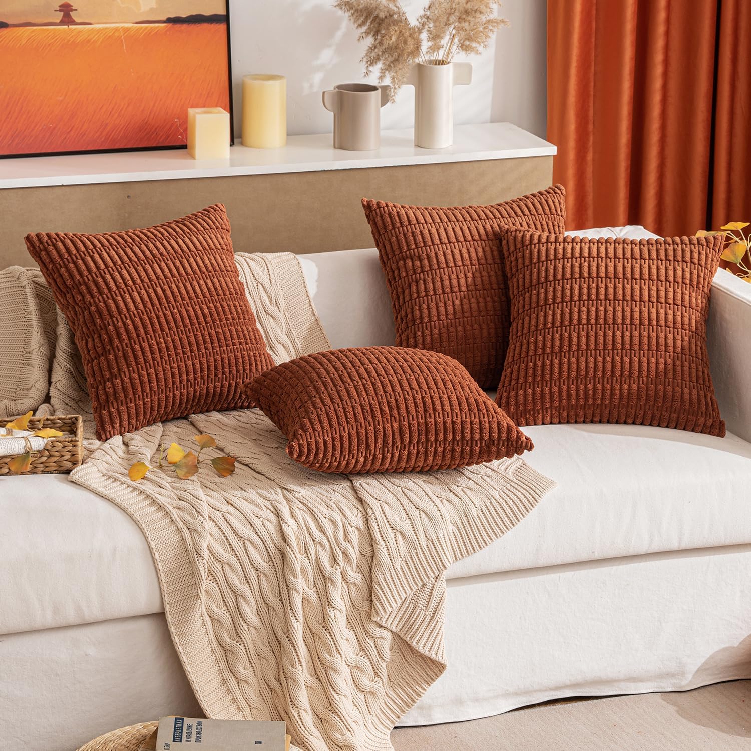 Miulee Pack of 2 Dark Rust Corduroy Decorative Pillow Covers 20x20 Inch Soft Boho Striped Throw Pillow Covers Modern Farmhouse Home Decor f…