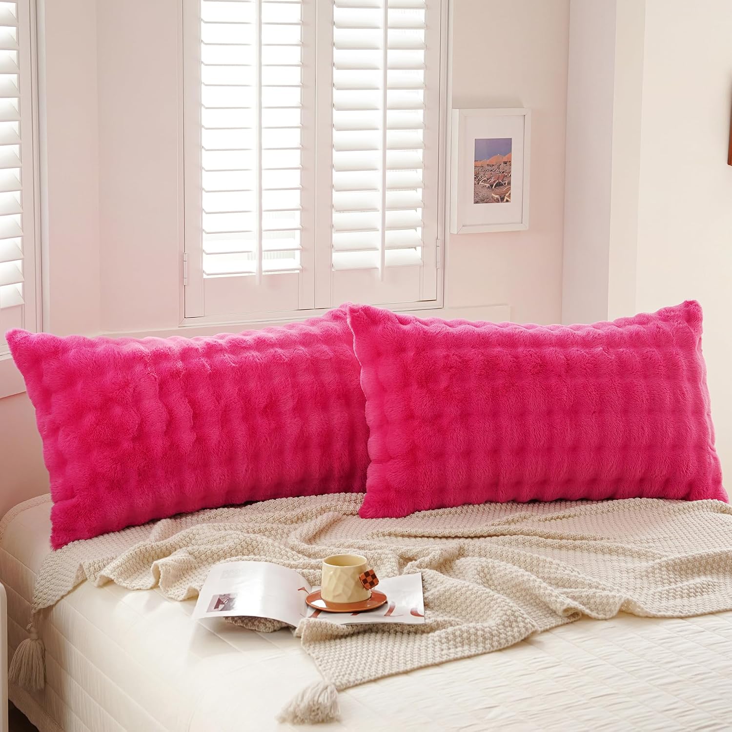 Uhamho Set of 2 Faux Fur Pillowcases, Luxury Bubble Waffle Carved Plush Standard Size Pillow Shams Soft and Furry, Zipper Closure (Hot Pink…