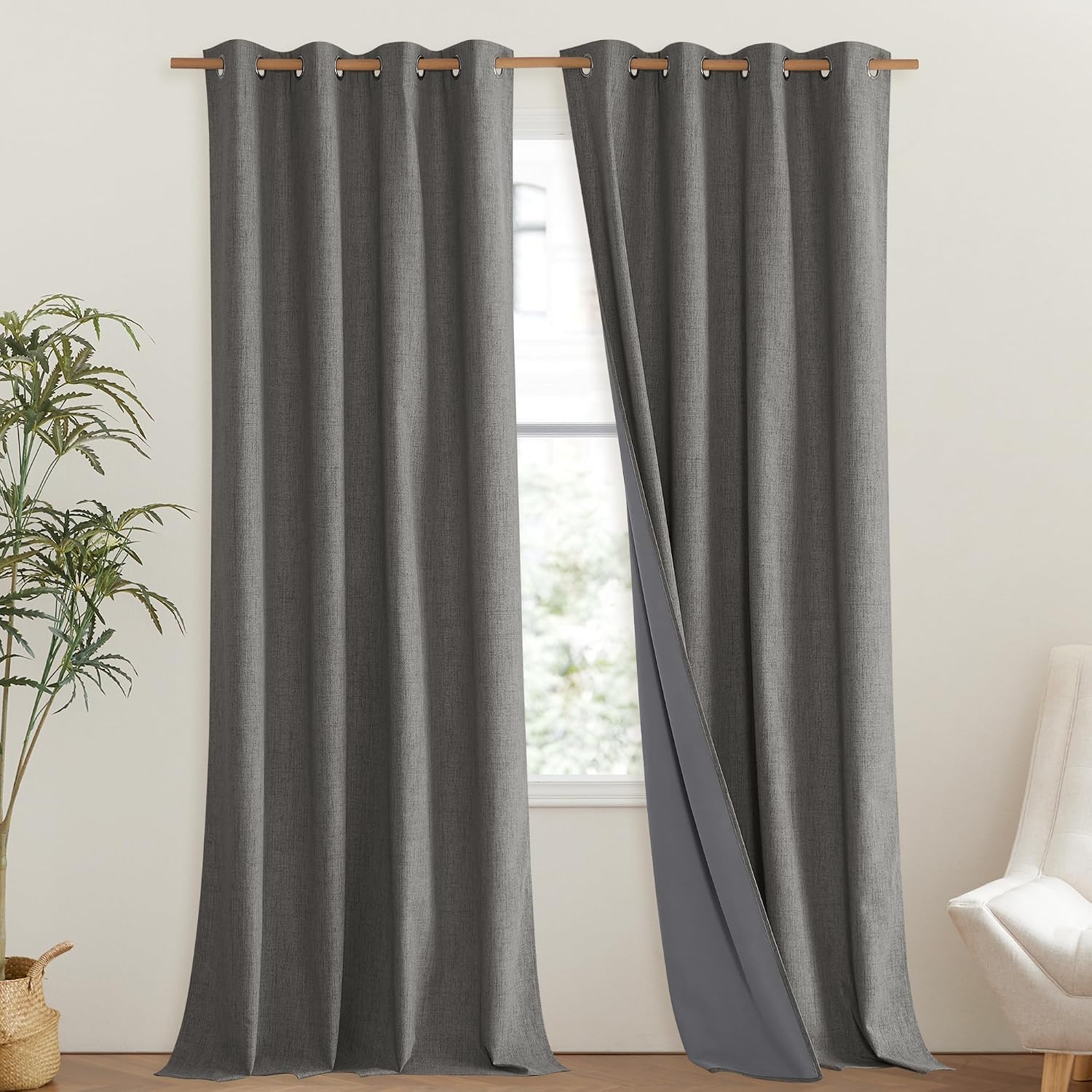 NICETOWN Grizzle Gray Vintage Linen 100% Blackout Curtains for Living Room, Thermal Insulated Curtains 102" Long, Noise Reducing Window…