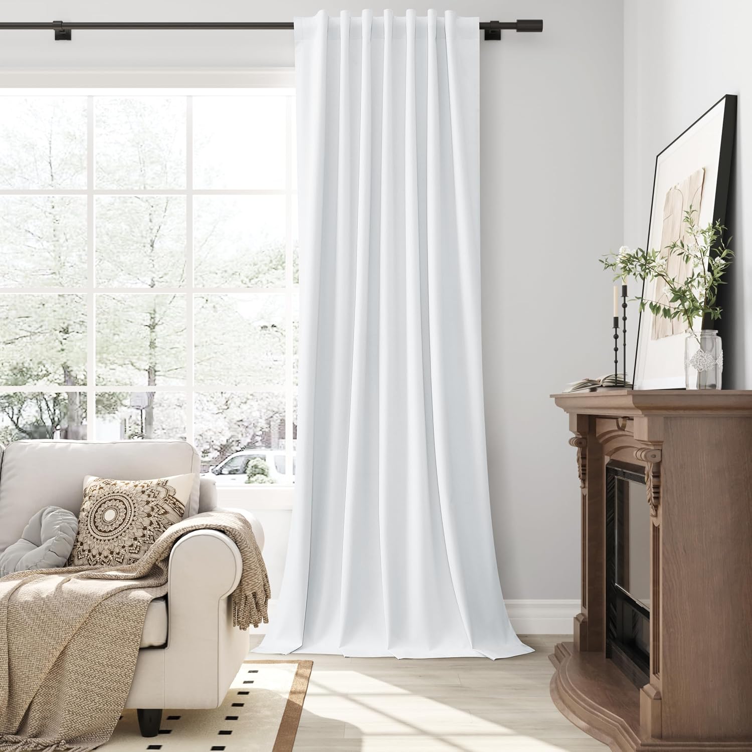 Guken White Linen 100% Blackout Curtains 90 Inch Length 2 Panels Set Modern Textured Back Tab Black Out Thermal Insulated Room Divider Soun…