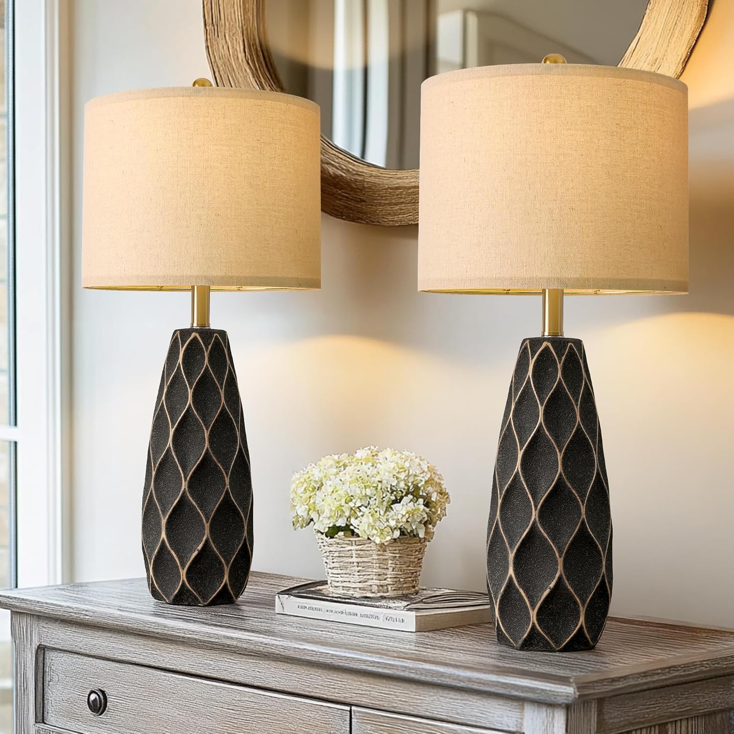 PORTRES 27.5" Ceramic Table Lamps for Bedroom Living Room Lamps Set of 2 Modern Bedside Nightstand Lamp Farmhouse Vintage Rustic Boho…