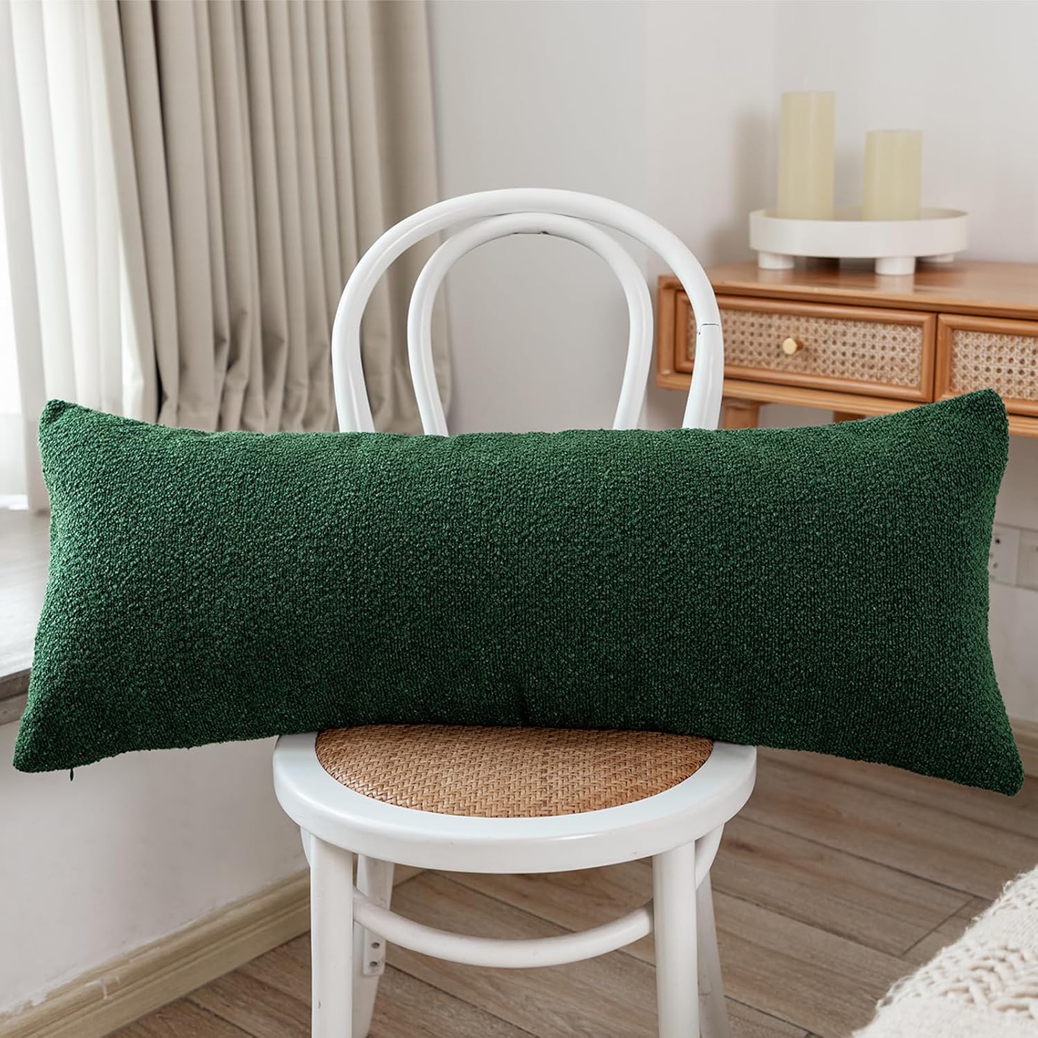 JoraLion 14x36 inch Boucle Lumbar Pillow Cover, Forest Elf Green Woven Texture Neutral Long Pillow Cover Breathable Cushion Case for…