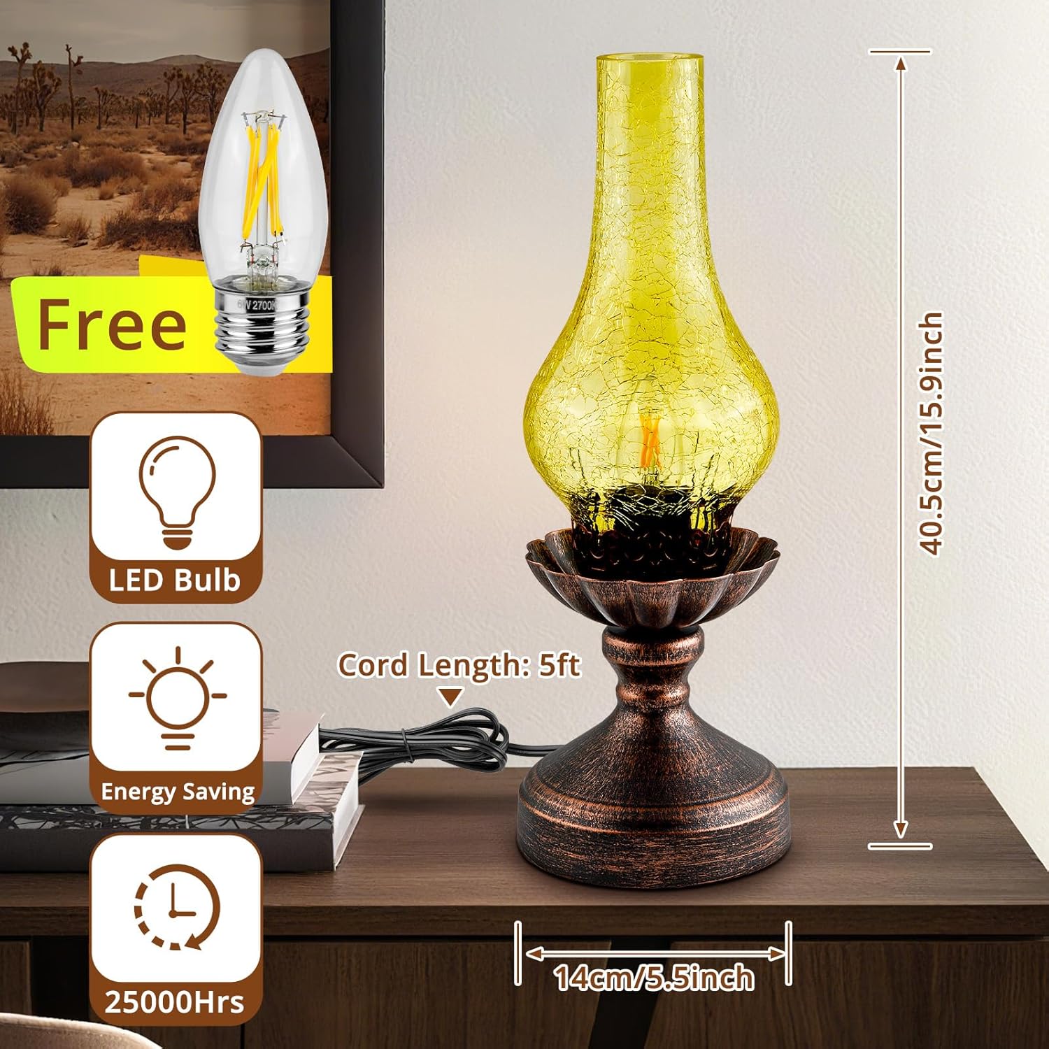 Vintage Table Lamp, Touch Control & 3-Way Dimmable Rustic Retro Farmhouse Bedside Lamp with Amber Glass Shade and LED Bulb for Bedroom…