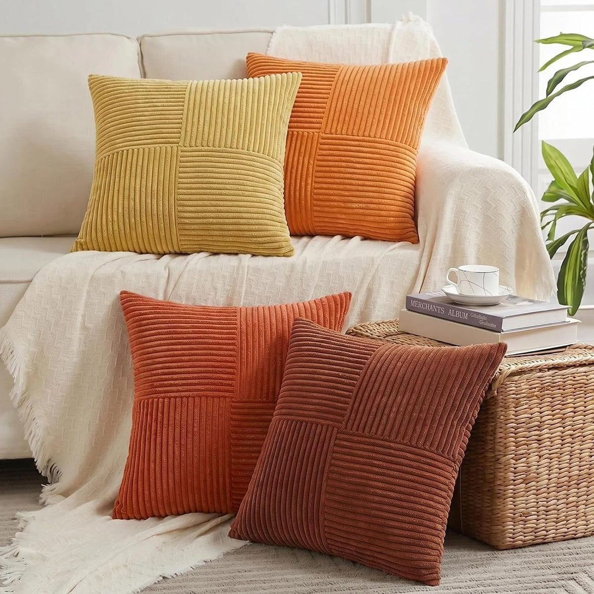 Fancy Homi Set of 4 Boho Fall Decorative Throw Pillow Covers 16x16 Inch for Couch Bed Sofa Bedroom, Modern Farmhouse Home Decor, Soft…