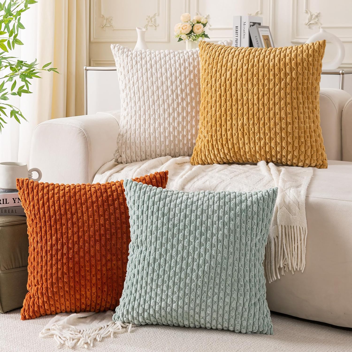 Cozoomy Set of 4 Yellow Rust Aqua Decorative Throw Pillow Covers 18x18 Inch Corduroy Pillow Covers for Bed Couch Sofa Living Room Soft Squa…