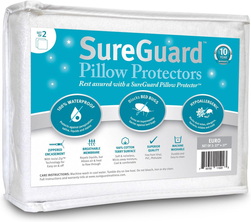 SureGuardMattressProtectors Set of 2 Euro Size SureGuard Pillow Protectors - 100% Waterproof, Bed Bug Proof, Hypoallergenic - Zippered Cott…