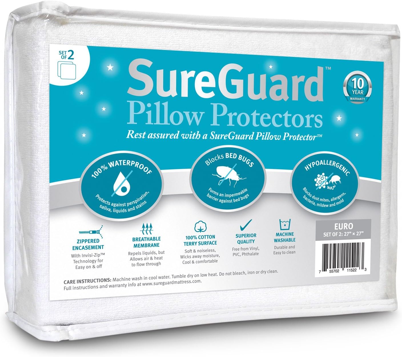 SureGuardMattressProtectors Set of 2 Euro Size SureGuard Pillow Protectors - 100% Waterproof, Bed Bug Proof, Hypoallergenic - Zippered Cott…