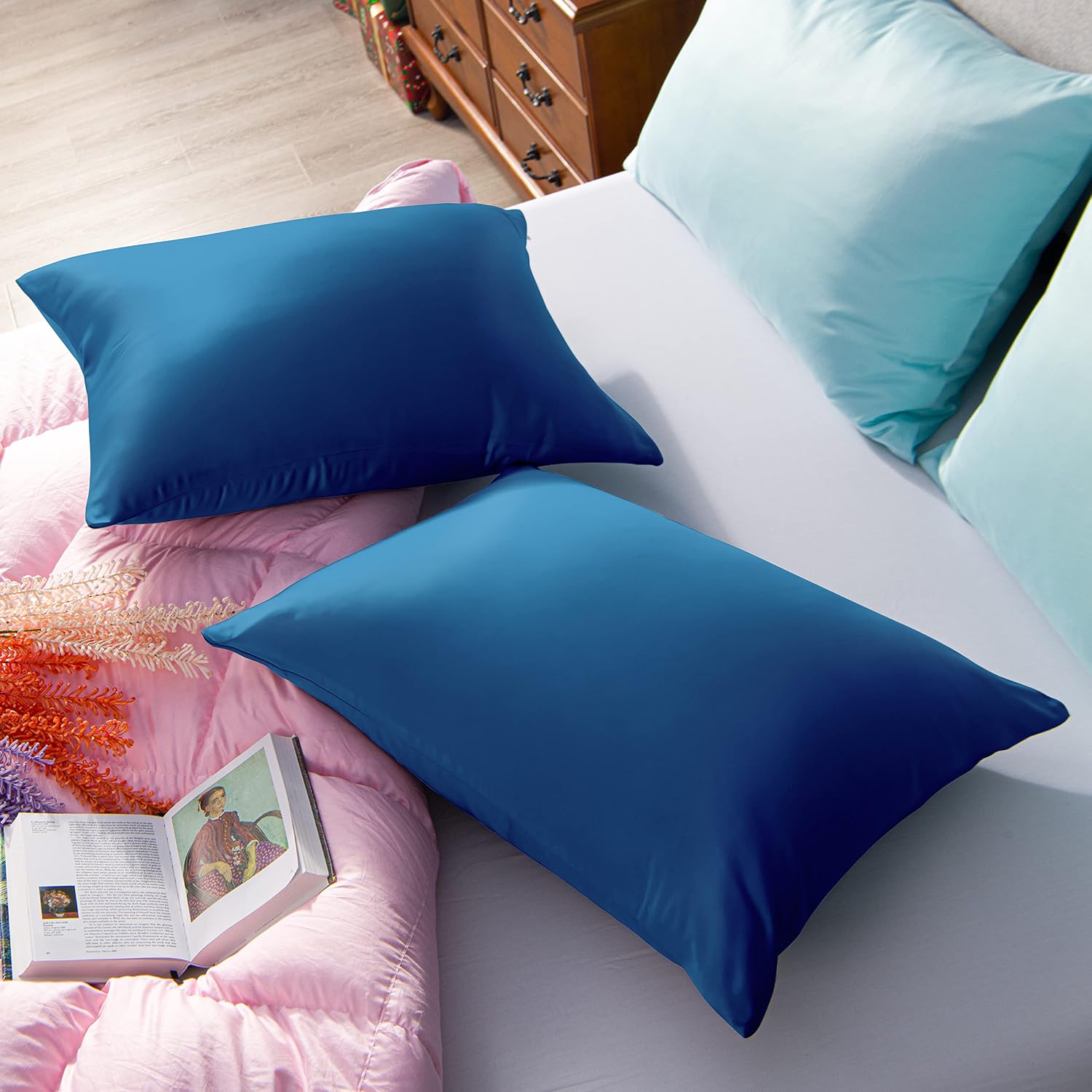 Ntbay Zippered Satin Pillow Cases for Hair and Skin, Luxury Standard Hidden Zipper Pillowcases Set of 2, 20x26 Inches, Royal Blue 26 Inches…